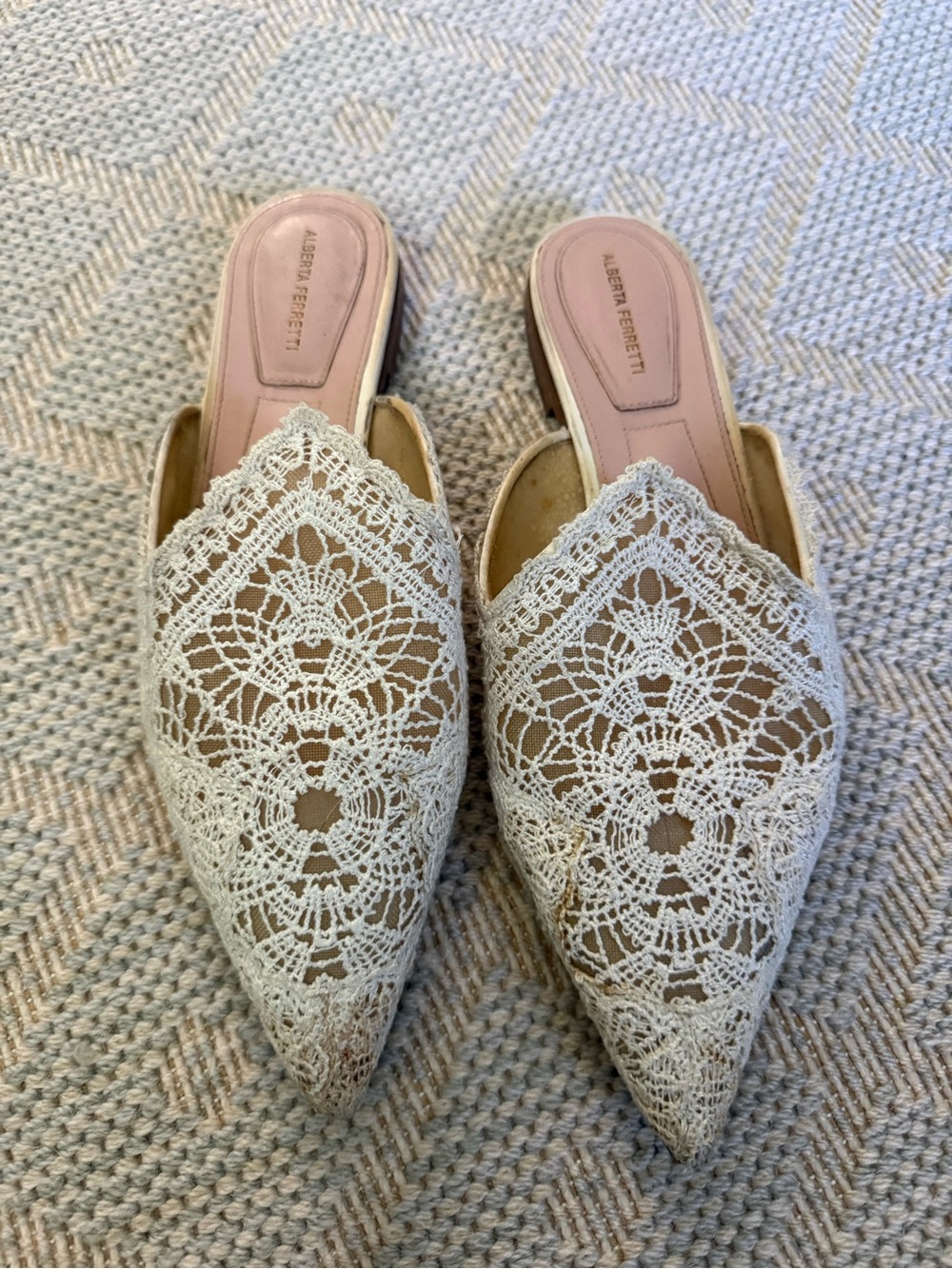Alberta Ferretti Ivory Crochet Pointed-Toe Slip-On Mules